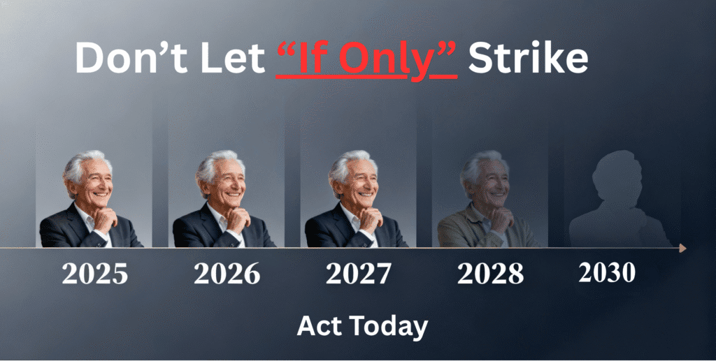 Businessman smiling through years to prevent strikes, emphasizing proactive action.