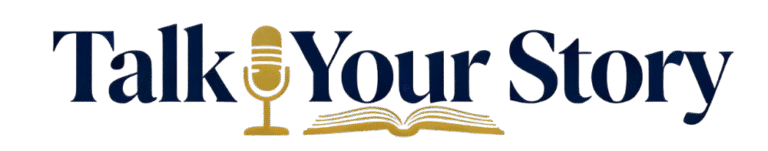 Talk Your Story logo featuring microphone and open book design.