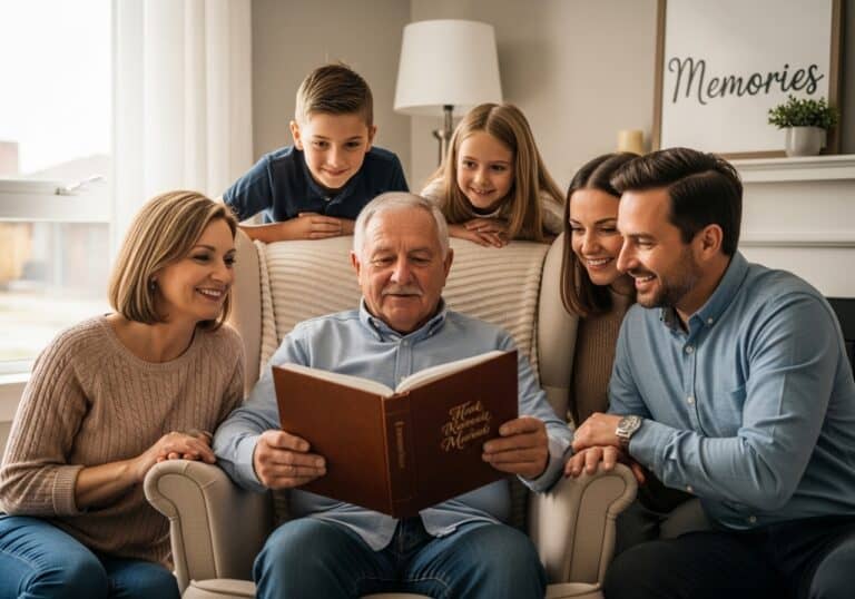 Family sharing stories together at home, creating lasting memories.