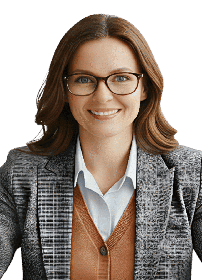 Woman in business attire with glasses smiling confidently.