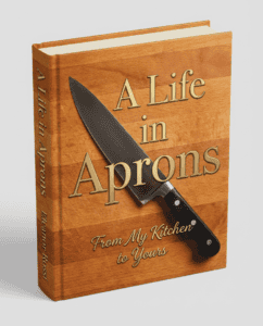 Apron cookbook with a chef's knife on the cover.