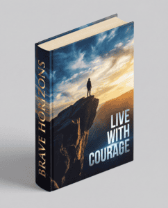 Inspirational book cover titled "Live with Courage" featuring a person on a mountain peak at sunset.