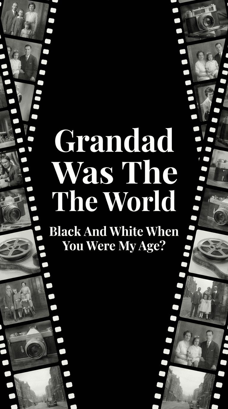 Vintage black and white photos of a grandad with family, nostalgic memories.