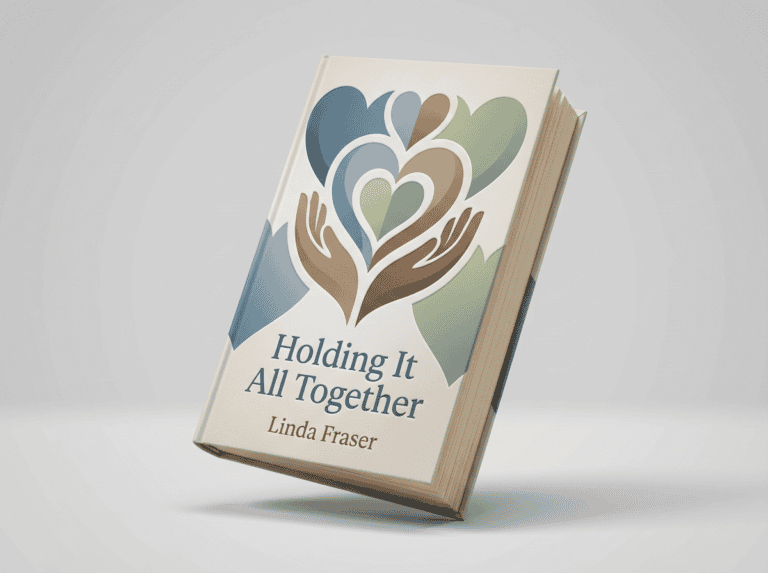 Book cover titled "Holding It All Together" by Linda Fraser with heart and hands illustration.