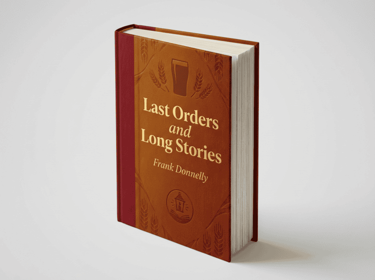 Book cover of "Last Orders and Long Stories" by Frank Donnelly, featuring a red and orange design.
