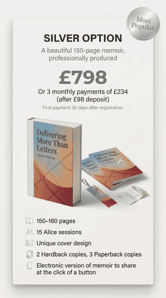 Silver Option memoir package for registration, includes 150-160 pages and 15 sessions.