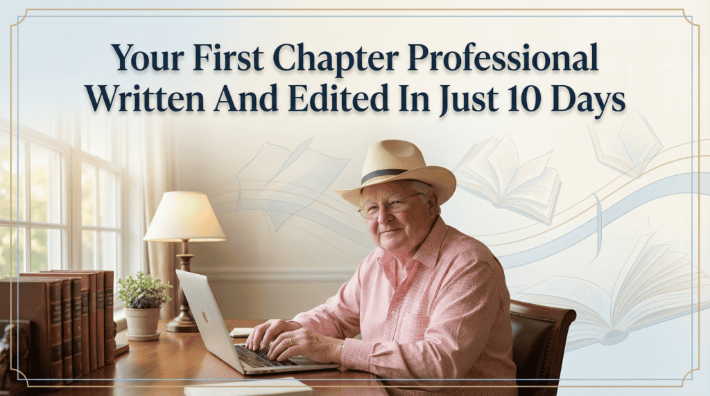 Elderly man writing on a laptop with books and lamp in background.