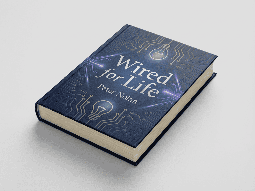 Book titled "Wired for Life" by Peter Nolan with circuit and light bulb design.