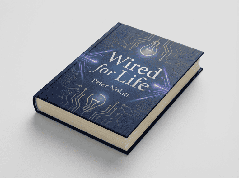 Book titled "Wired for Life" by Peter Nolan with circuit and light bulb design.