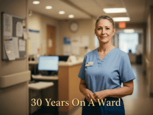 Nurse standing confidently in hospital corridor, celebrating 30 years of healthcare service.
