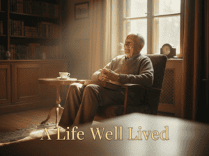 Elderly man sitting peacefully in a cozy, sunlit room, reflecting on life and stories.