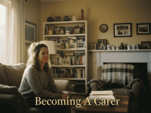 Woman sitting on sofa in a cozy living room, contemplating caregiving.