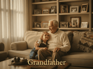 Grandfather and young girl sitting together on a sofa, enjoying a warm moment indoors.