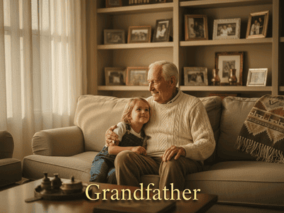 Grandfather and young girl sitting together on a sofa, enjoying a warm moment indoors.