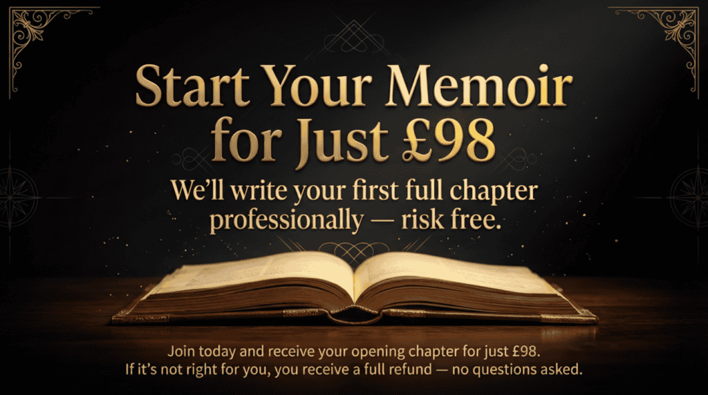 Open book with promotional text for memoir writing service at Talk Your Story.