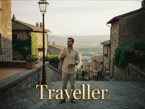 Man walking in a historic village street with scenic landscape background.