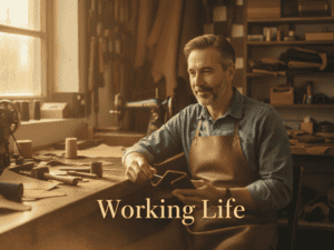Man working in a woodworking workshop with tools and wood pieces.