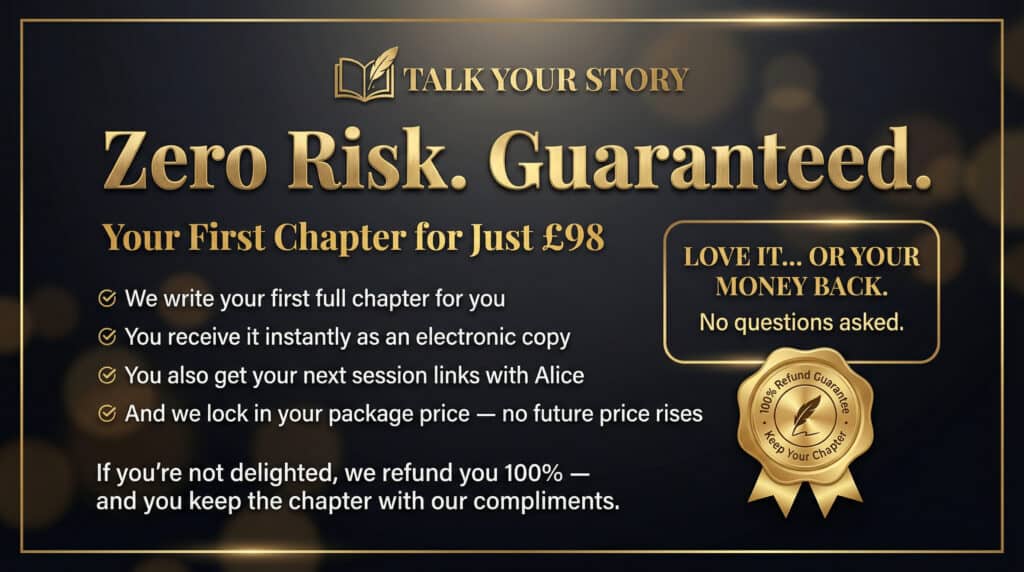 Promotional banner for Talk Your Story offering zero risk guarantee on first chapter.