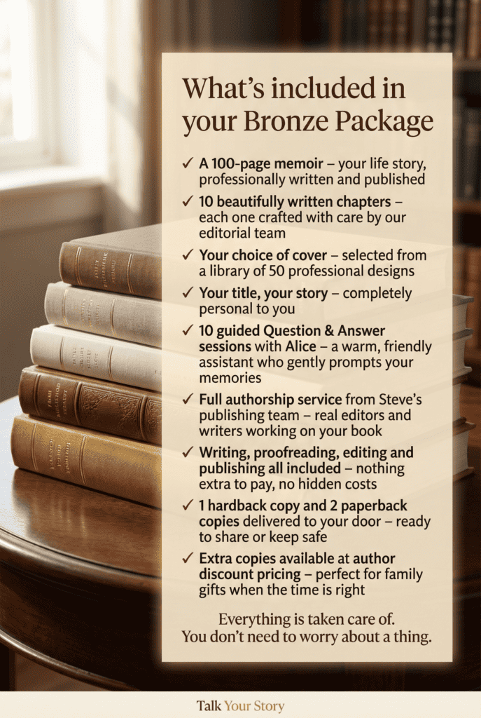 Promotional image showcasing Bronze package details for storytelling and publishing services.
