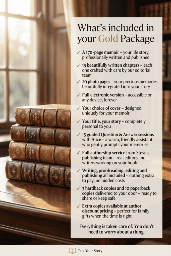 Gold package offer with memoir, chapters, and personalized writing services.