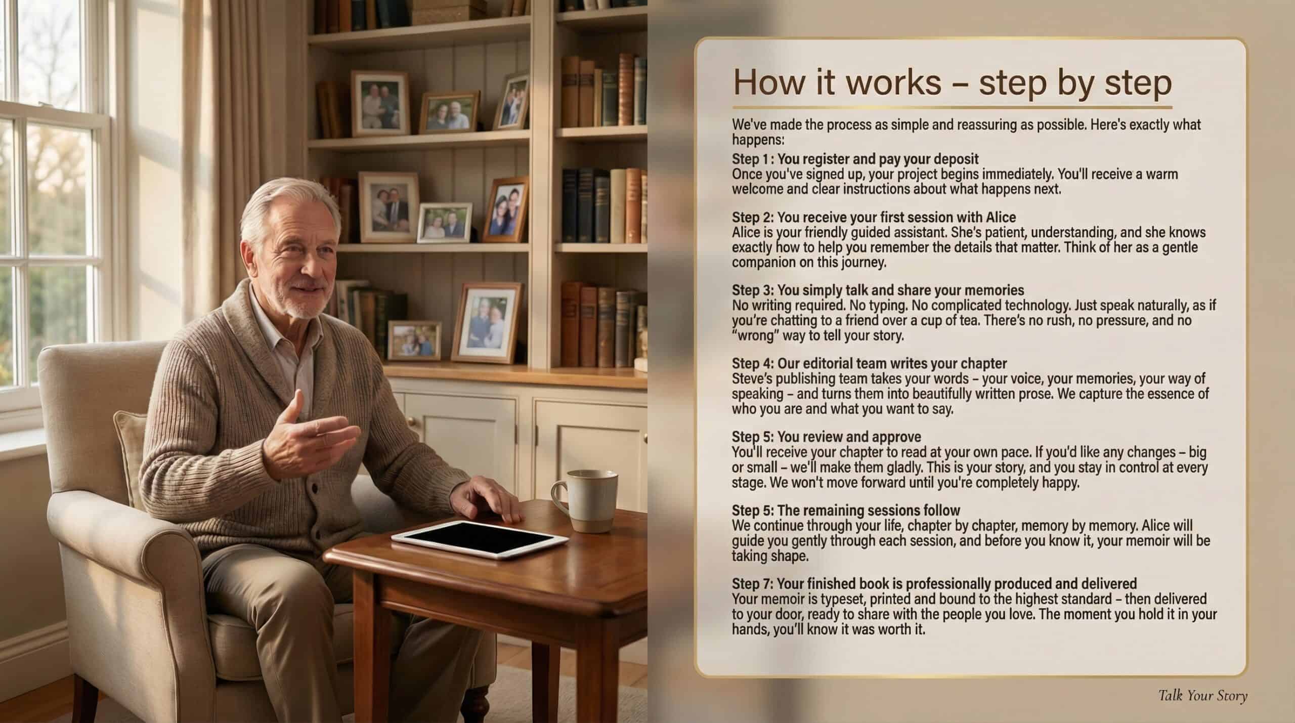 An elderly man sharing his story in a cozy, well-lit room.