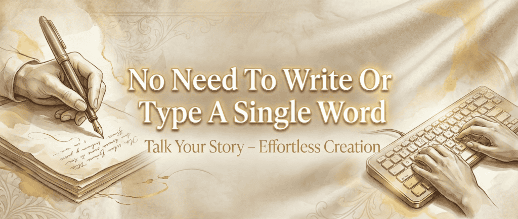 Person writing in a notebook with a pen, emphasizing easy storytelling and creative expression.