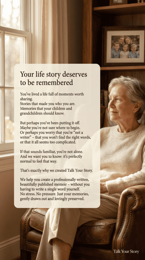 Bronze life story frame with heartfelt message on a cozy armchair.