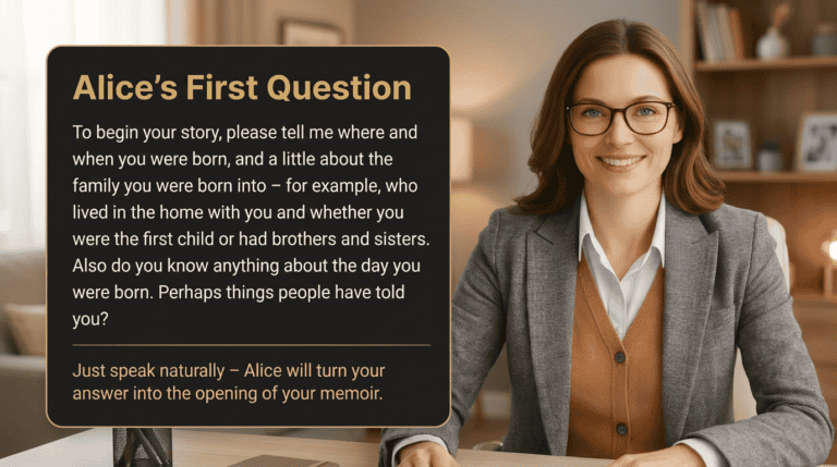 Woman smiling at desk with "Alice's First Question" prompt for storytelling.