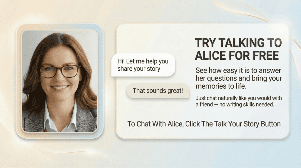 Smiling woman with glasses offering to share your story with Alice.